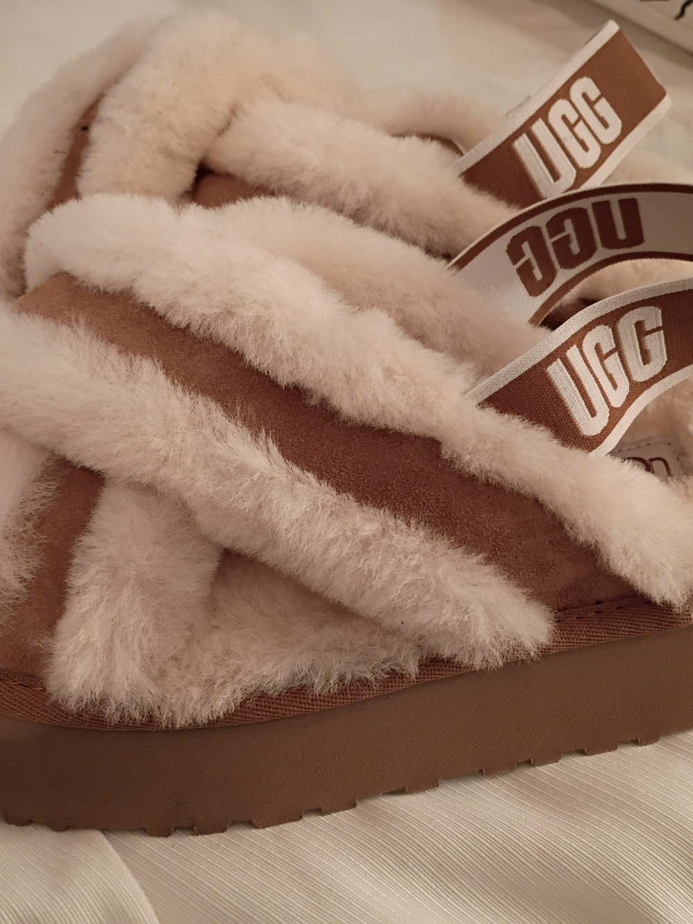 UGG Chestnut Shearling Slide Sandals with Cream Fur